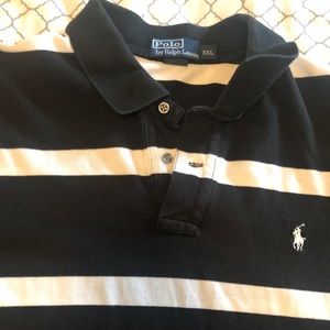 Black with white stripes with white logo polo